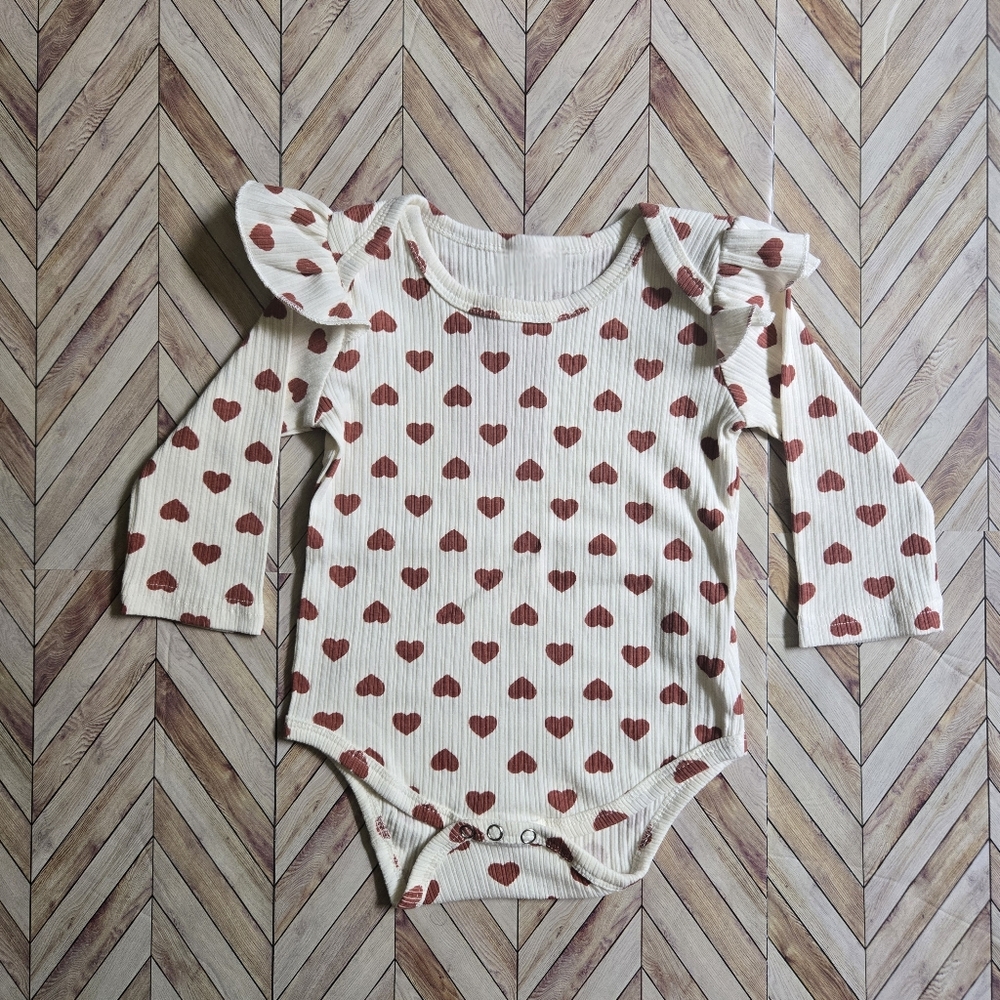 Baby Girl Ribbed Knit Long Sleeve Romper with Red Heart Print & Shoulder Ruffles